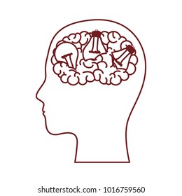 human face brown silhouette with brain and light bulbs in dark red contour