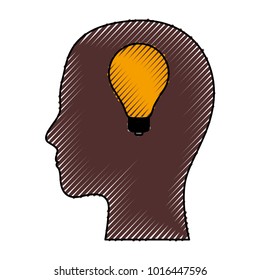 human face brown silhouette with light bulb inside in colored crayon silhouette