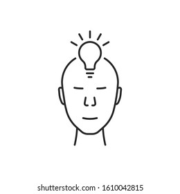 human face with bulb like insight logo. concept of clever people simple badge or iq or imagination symbol. lineart minimal innovation or vision logotype stroke monoline art design isolated on white