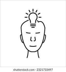 human face with bulb like insight logo. concept of clever people simple badge or iq or imagination symbol. lineart minimal innovation or vision logotype stroke monoline art design isolated on white