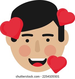 Human face, of a child or young man with a smile and rosy cheeks. Man surrounded by hearts. Person in love, happy.