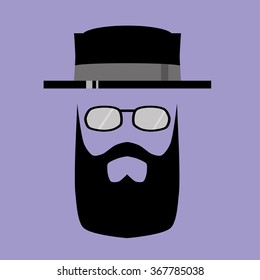 Human face comprised of the basic features of mustache, beard and spectacles or sunglasses in a hipster style beneath a trendy pork pie hat