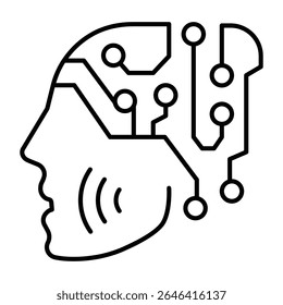 Human face with connections thin line icon, neural network concept. Vector graphics. Head of robot, artificial intelligence sign on white background, style mobile or design