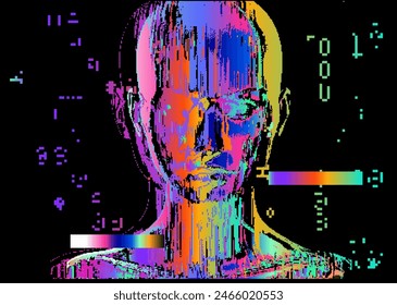 A human face emerging out of holographic pixel noise. A vector illustration tackling an issue of the relations between technology and human body.