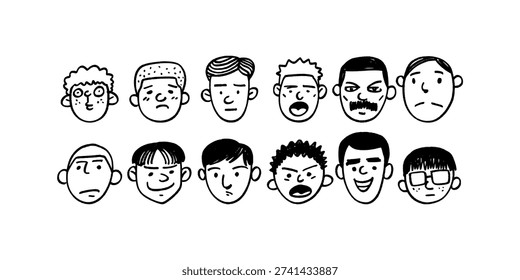 Human Face Expression Collection Doodle Illustration. Hand Drawn Minimalist Set of Diverse People Character Avatar for Graphic Design.