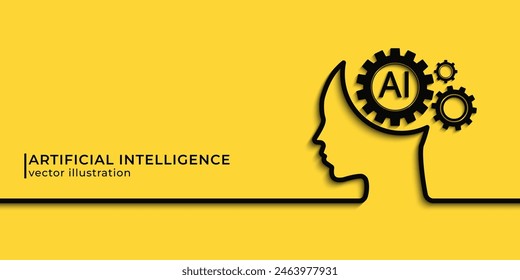 Human face with gears. Artificial intelligence technology concept design, Machine learning and generation by chip, AI chatbot service. Vector illustration for banner and web template.