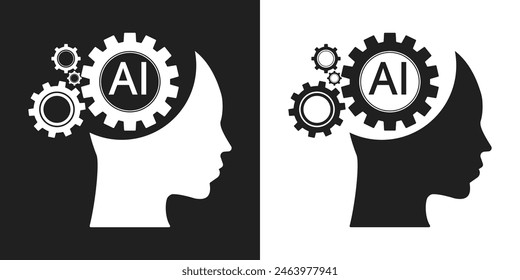 Human face with a gears icon. Artificial intelligence technology concept design, Machine learning. Isolated artificial Intelligence symbols. Vector illustration for banner and web template.