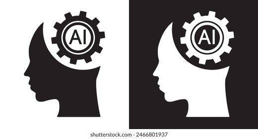 Cara humana con un icono de engranajes. Diseño de conceptos de tecnología de inteligencia artificial, Machine learning. Símbolos de inteligencia artificial aislados. Ilustración vectorial de Anuncio y Plantilla de Web.