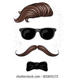 Human face in glasses Hair and mustache.White background.bow tie?