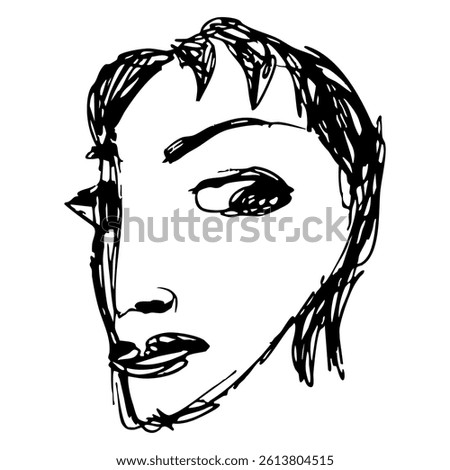 Human face. Hand drawn linear doodle rough sketch. Black and white silhouette.