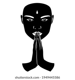 Human face with hands folded in praying namaste gesture. Black and white silhouette. Creative holy religious concept.