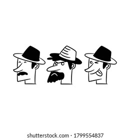 human face with hat avatars and comic characters on white background