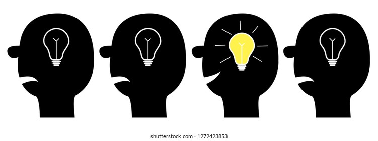 Human face icon set. Black silhouette. Idea light bulb in head inside brain. Shining effect. Thinking process. Yellow switch on off lamp. Business success concept Flat design. White background. Vector
