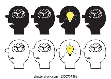 Human face icon set. Scribble ravel line in head inside brain. Psychotherapy. Black silhouette. Idea light bulb. Mental health. Thinking process. Switch on lamp. Flat design. White background. Vector