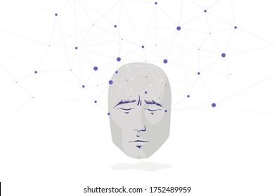 human face and large network of personal social connections. neural interface and control, concept. head of a person with closed eyes and linear graph as the idea of neural connections in the brain