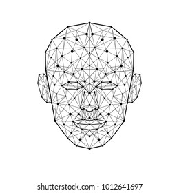 Human Face Low Polygon. Wireframe Mash Head Shape Consisting Of Connected Dots And Lines Isolated On White Background. Abstract Human Vector Illustration