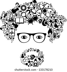 human face is made up of icons of science. The concept of learning, research and discovery. Modern technological solutions. Vector illustration