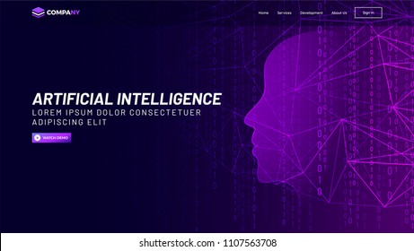 Human face made with mesh network and binary digit for Artificial Intelligence (AI) landing page concept.