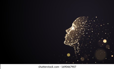 Human face on a black background of gold glowing particles