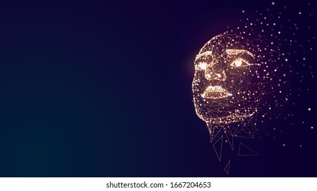 Human face on a dark background of gold glowing particles and structure