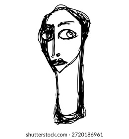 Cara humana en un cuello largo. Retrato de un personaje divertido. Dibujado a mano dibujo lineal doodle áspero boceto. Silueta en blanco y negro.