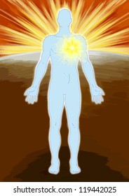 human face on the world with light background universe in soul and heart - faith in person and God