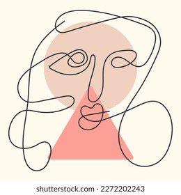 Cara humana de una línea.Retrato continuo minimalista con geométrico.Vector para afiches, camisetas, tarjetas, mensajes.Vector plano