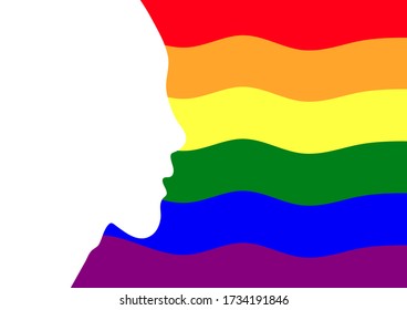 Human face outline in white on horizontal curve rainbow flag sexual identity background. The pride flag representing LGBT.(lesbian, gay, bisexual, transgender). Human rights and freedom concept.