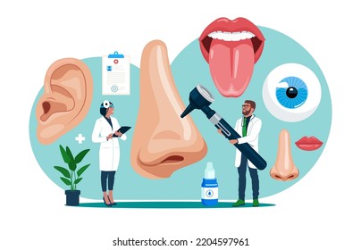 Human Face Parts Or Sensory Organs Set. Nose, Ear, Eye, Mouth And Tongue. Anatomy. Flat Vector Illustration.