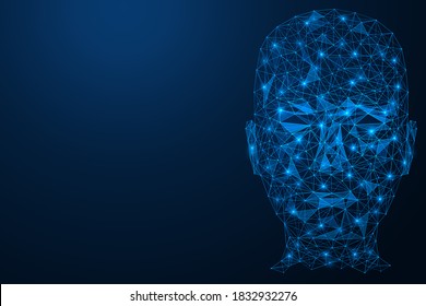 Human Face. Personal Identification Technology. User Recognition System. The Head Structure Consists Of Interlocked Lines And Dots. Blue Background.