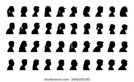 Human face portrait side view silhouettes set collection. Men and women side face avatar profile different age and generation set black silhouette.