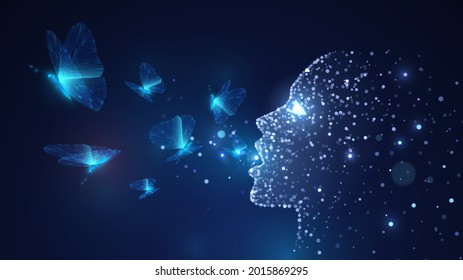 Human Face In Profile From Blue Sparks, Blue Butterflies Fly Out Of An Open Mouth