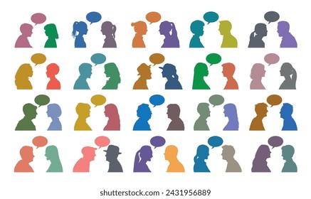 Human face profile side view in pairs facing each other with speech bubble colorful silhouette set collection.	