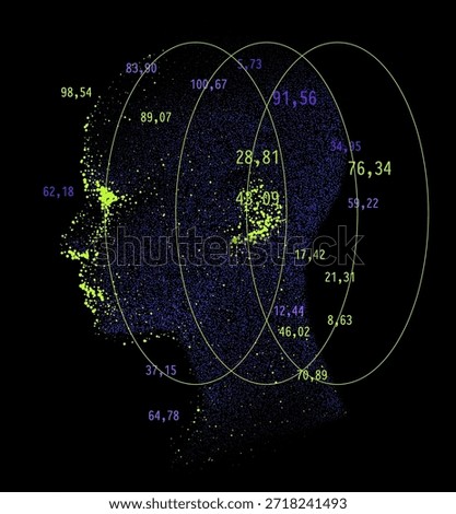 Human face profile silhouette formed by clusters of glowing neon particles, circles, and scattered decimal numbers in purple, lime green, and yellow on a dark background.
Conceptual vector illustration for big data, AI facial recognition, digital identity, and futuristic analytics themes.