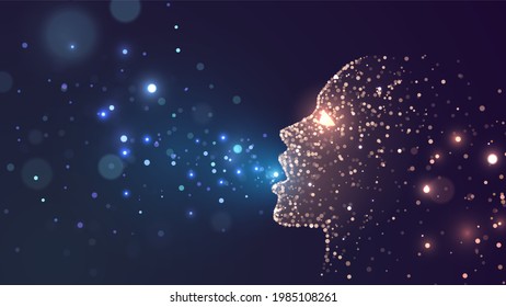 Human face in profile from stars, blue sparks fly out of open mouth