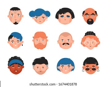 Human face set collection. Vector trendy flat cartoon character illustration. Isolated on white background