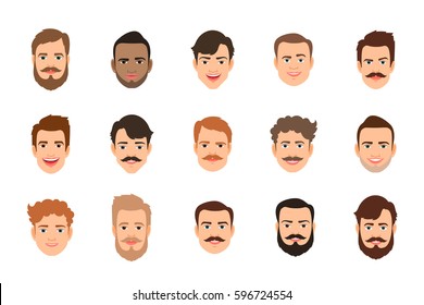 Human Face Set Vector Illustration. Male Portrait Or Young Man Faces With Various Hairstyle