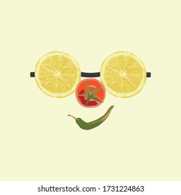 forma de cara humana con gafas de limón, tomate y pimientos de cerezo. vector de ilustración de concepto alimentario