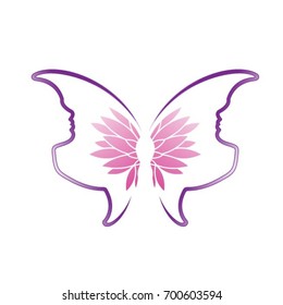 human face shaped butterfly feathers in purple-vector drawing