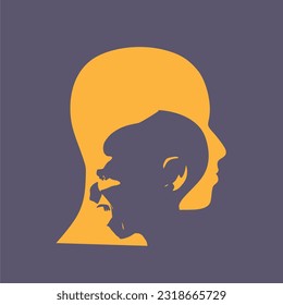 Human face side view silhouette. Schizophrenia and split personality disorder and mental health psychiatric disease concept. Mental health