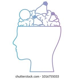 human face silhouette with brain exposed with light bulbsin degraded blue to purple color contour