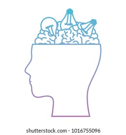 human face silhouette with brain exposed with light bulbsin degraded blue to purple color contour