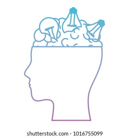 human face silhouette with brain exposed with light bulbsin degraded blue to purple color contour