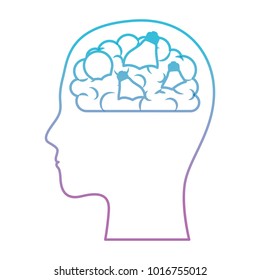 human face silhouette with brain and light bulbs in degraded blue to purple color contour