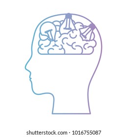 human face silhouette with brain and light bulbs in degraded blue to purple color contour