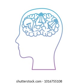 human face silhouette with brain and light bulbs in degraded blue to purple color contour