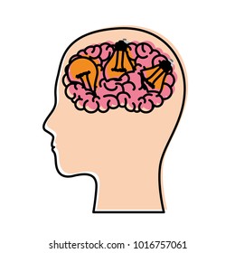 human face silhouette with brain and light bulbs in watercolor silhouette