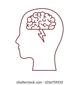 human face silhouette with brain with ray in dark red contour