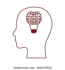 human face silhouette with brain in shape bulb on top in dark red contour