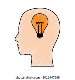 human face silhouette with light bulb inside in colored crayon silhouette